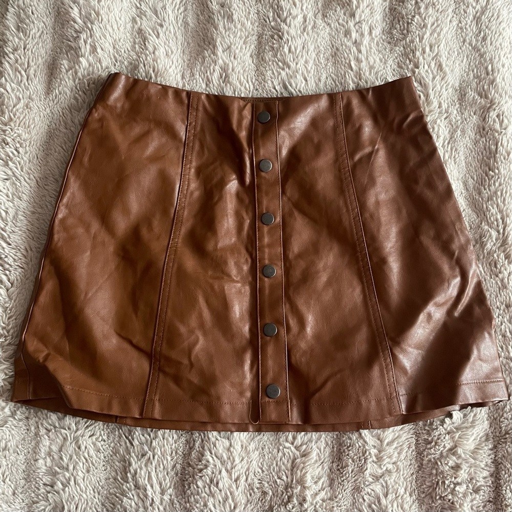 Fake Leather Brown Button Up Skirt